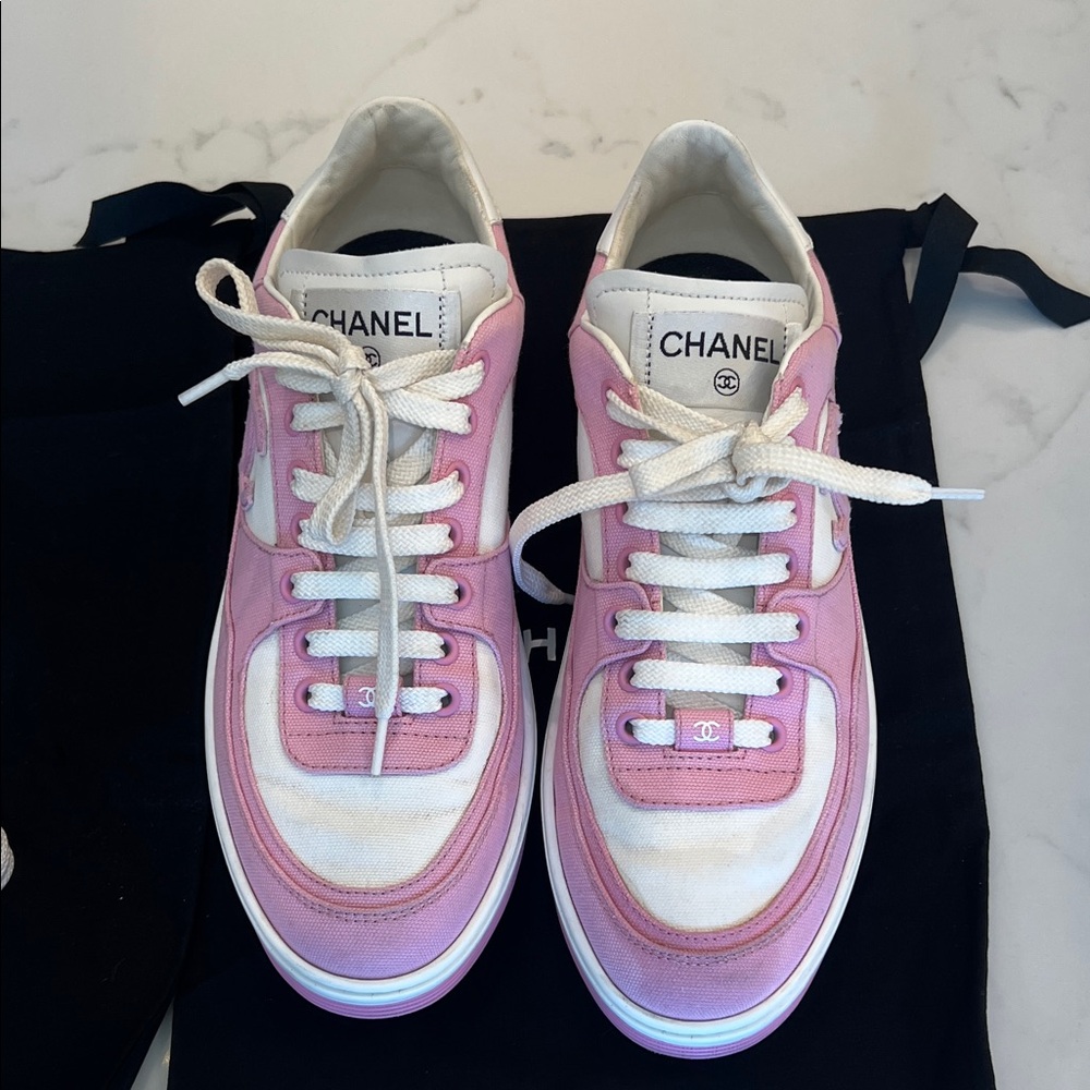 CHANEL Pink and White Low-Top Lace-Up Sneakers